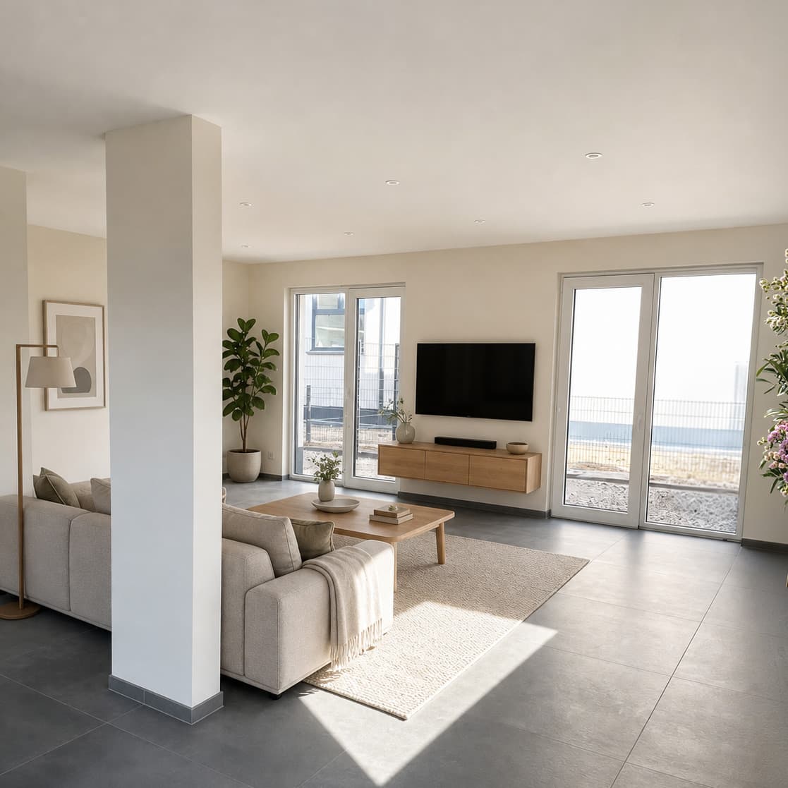 Helles Wohnzimmer mit Echtholz-Parkett – Haus 2 Karree im Rottland, Hürth-Berrenrath